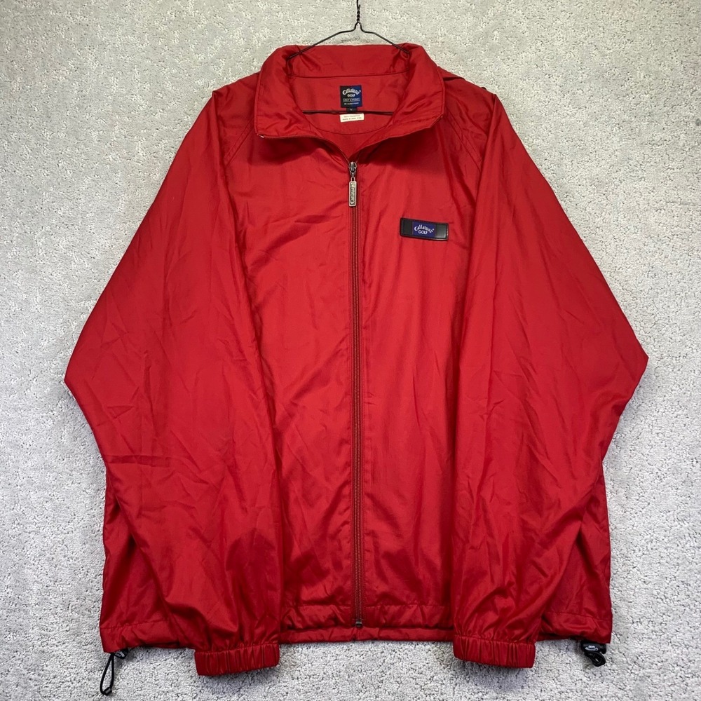 Vintage Callaway Golf‎ Jacket Mens Large Red Windbreaker Zip Up Packable Hood